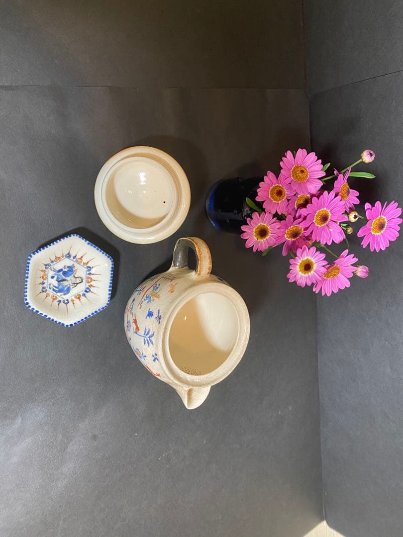 升たか 色絵百鹿紋 ポット小 ペルシャ柄小皿付