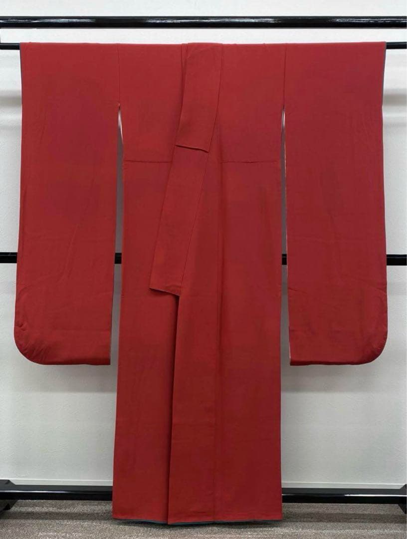 無地振袖 シンプル ちりめん 茜色系 身丈155cm