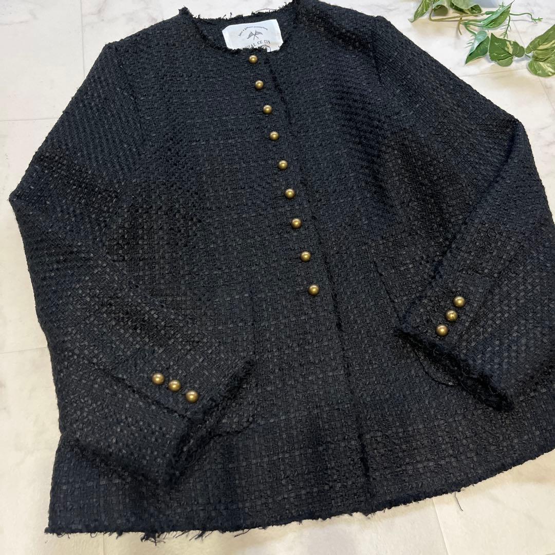 美品　PUAL CE CIN ツイードノーカラージャケット　フリンジ　ブラック