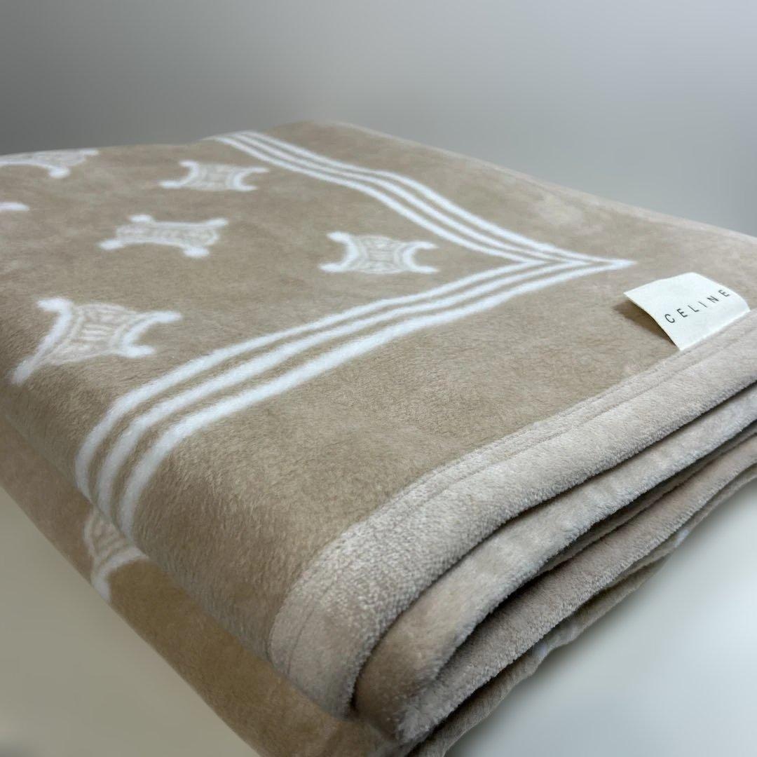 CELINE＊セリーヌ・綿毛布・マカダム・ベージュ×ホワイト・シングルサイズ