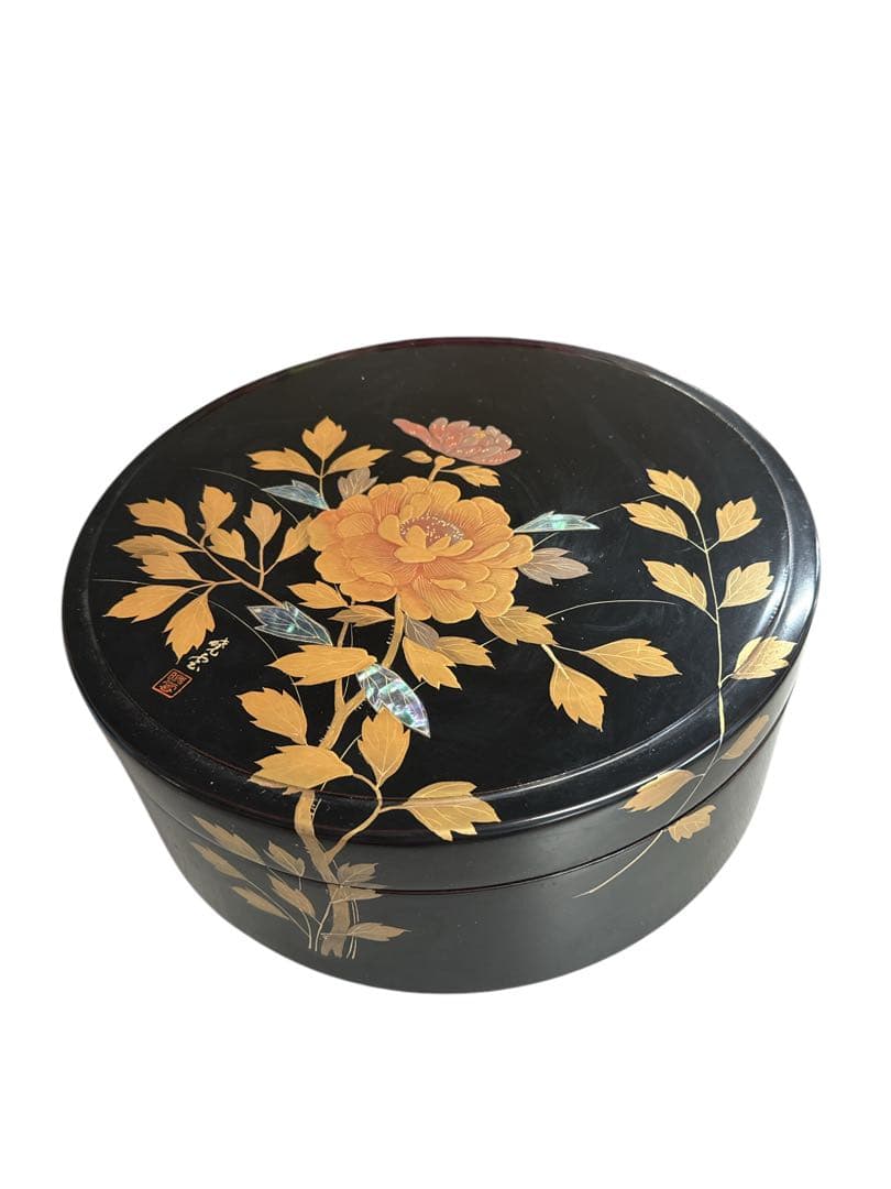 輪島塗 暁雲 茶びつ　本堅地布着 黒真塗 牡丹鈿入金蒔絵