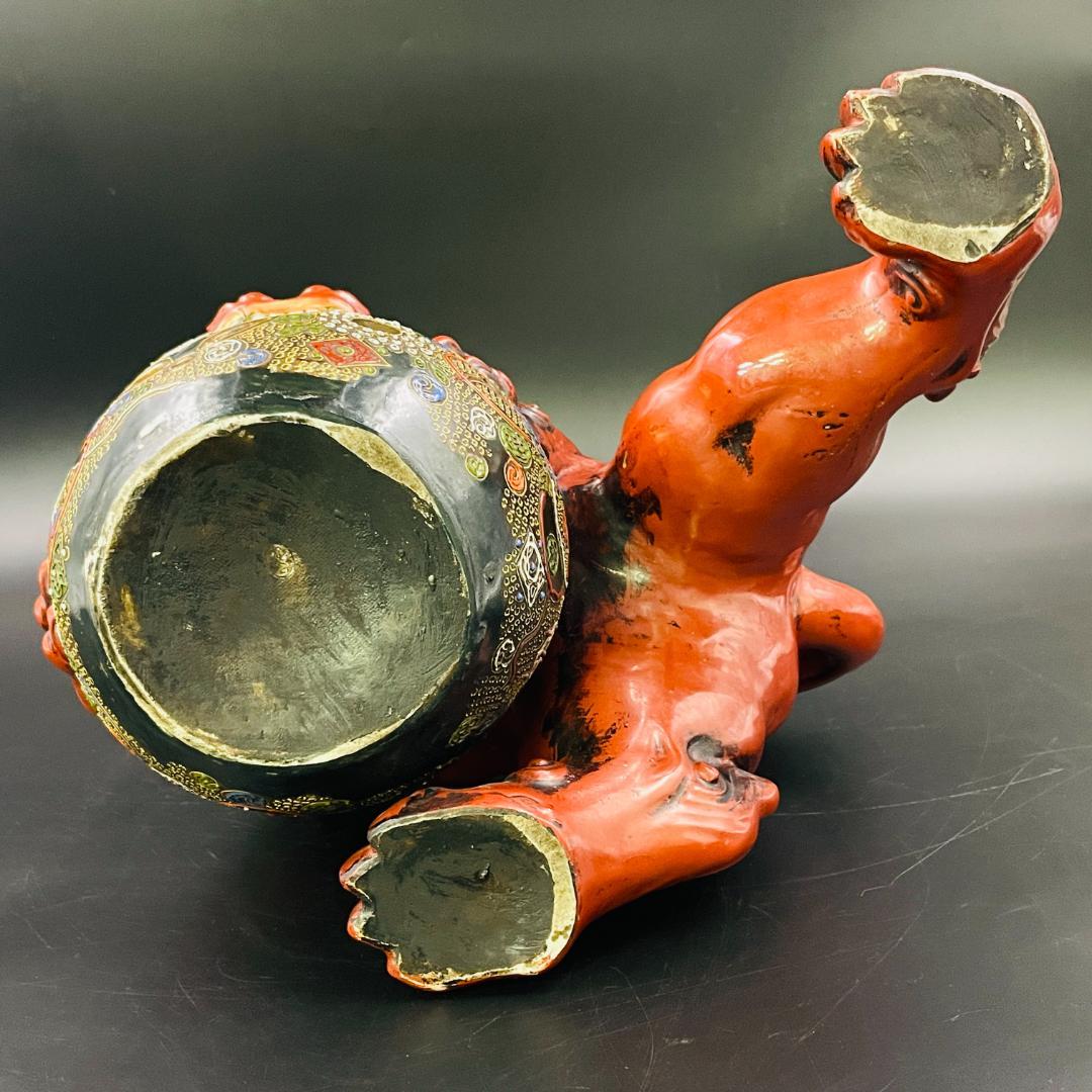 旧家蔵出し 九谷焼 玉乗り獅子 赤獅子 シーサー 狛犬 置物 魔除け 28cm