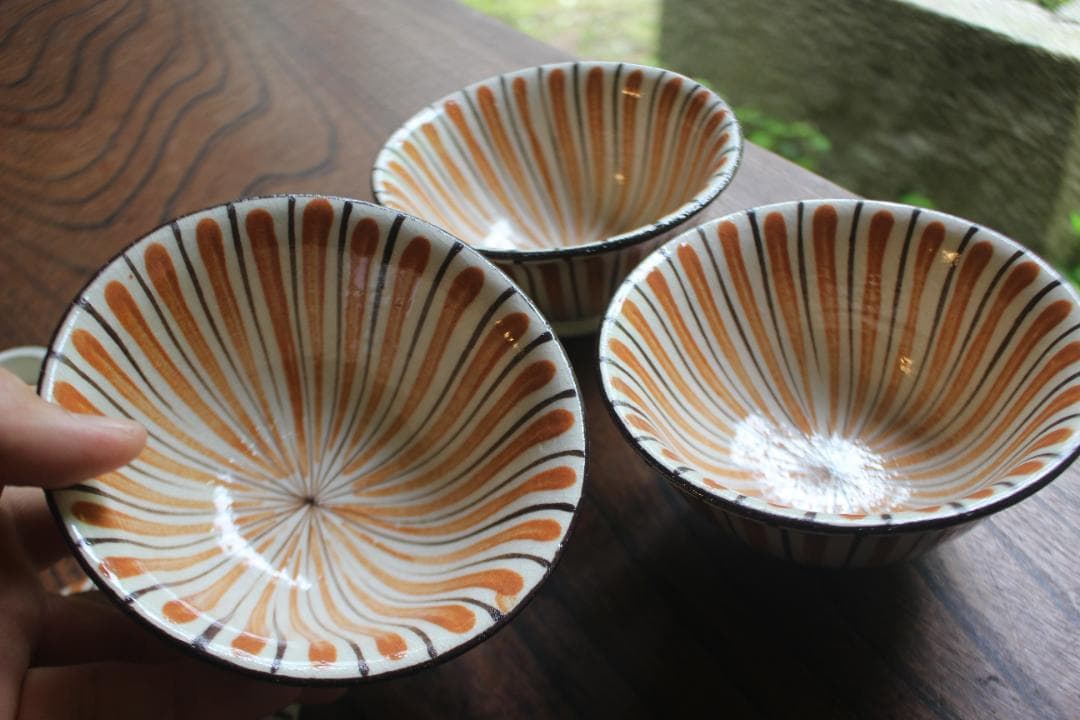 1点極小保管傷有！民芸の味わいある麦藁手の美しいお碗3点（検瀬戸焼木賊文白洲正子