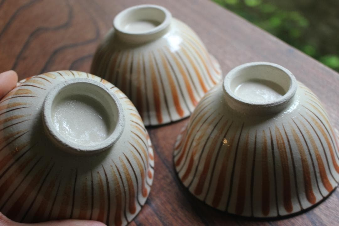 1点極小保管傷有！民芸の味わいある麦藁手の美しいお碗3点（検瀬戸焼木賊文白洲正子