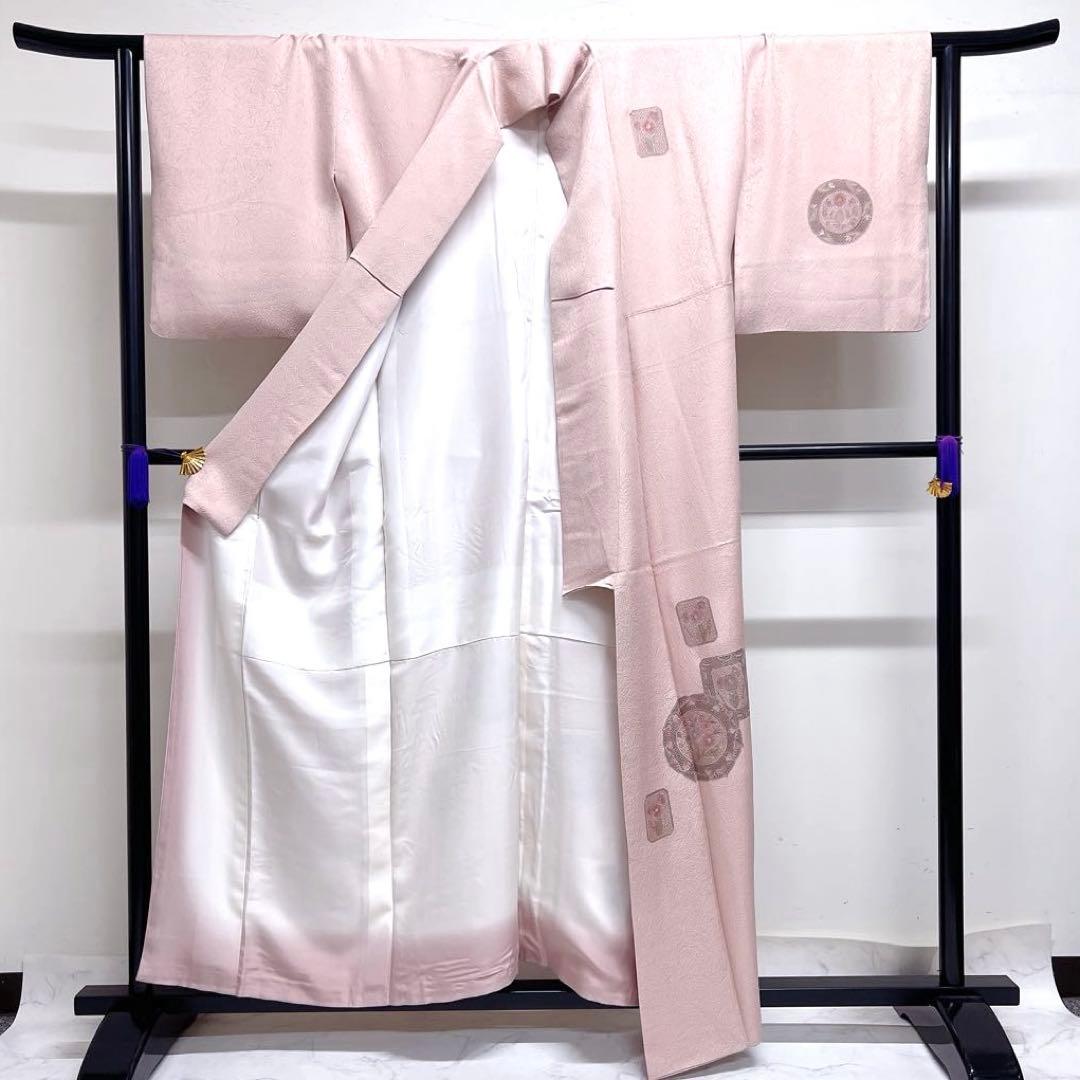 付け下げ　スワトウ刺繍　華紋　鏡裏文様　色紙　花模様　紋無し　着物　043k d