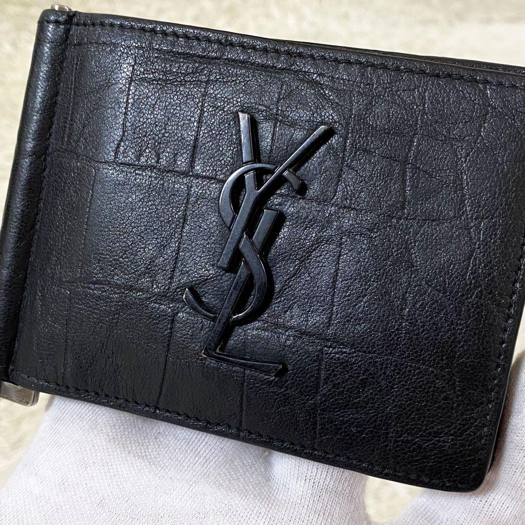 【美品】サンローラン マネークリップ クロコ ブラック黒 YSL カサンドラ
