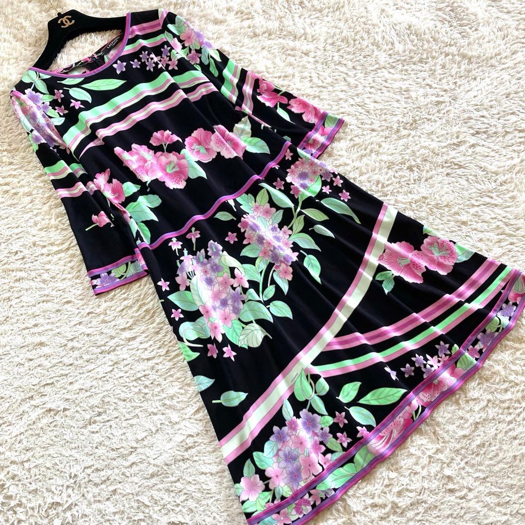 【極美品/近年】レオナール カンカン ボタニカル 花柄トリム フレアワンピース