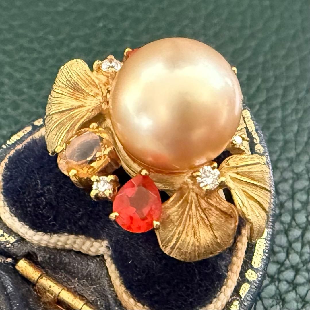 マイヤ様　k18YG南洋ゴールデンパールファイヤオパールダイヤシトリン彫金リング