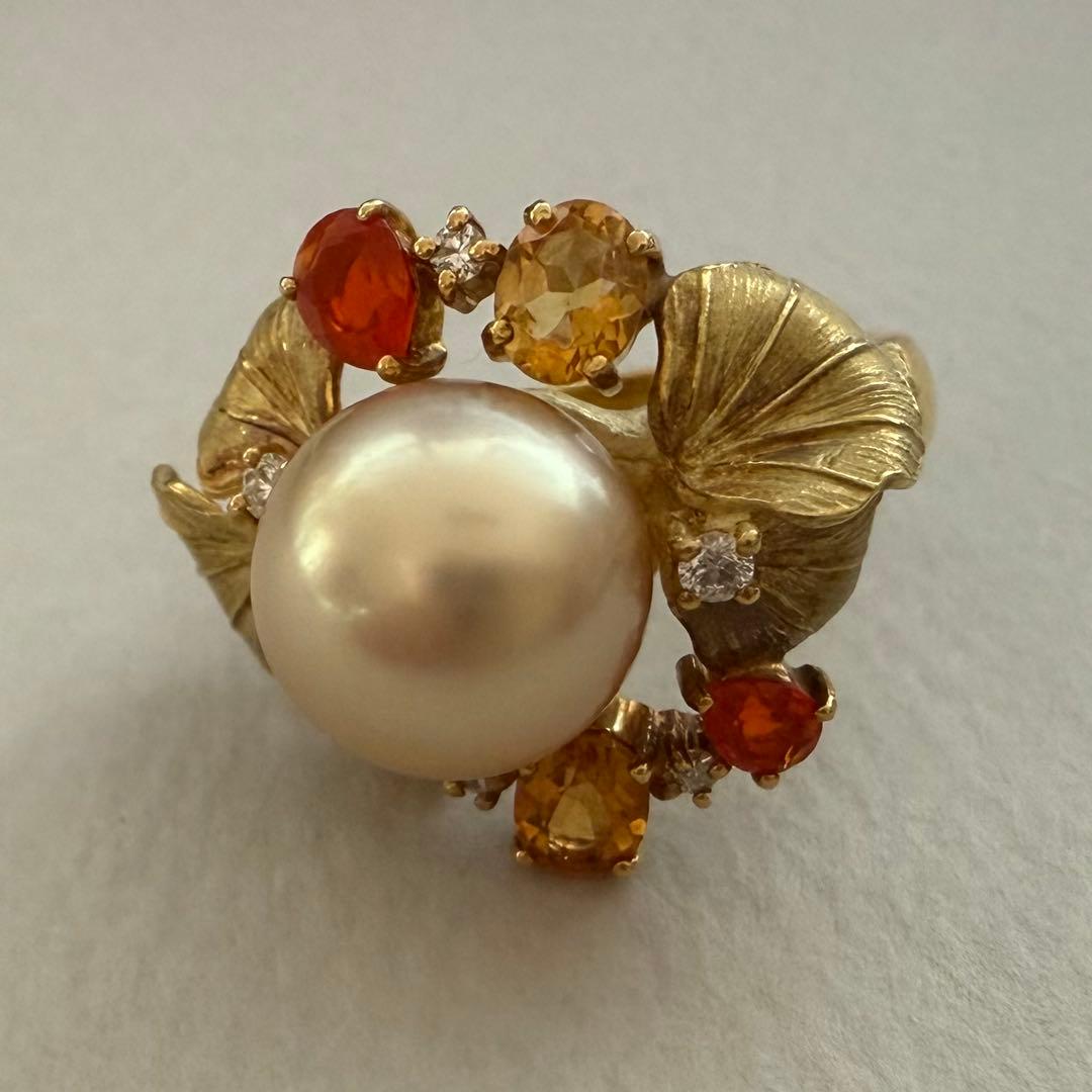 マイヤ様　k18YG南洋ゴールデンパールファイヤオパールダイヤシトリン彫金リング