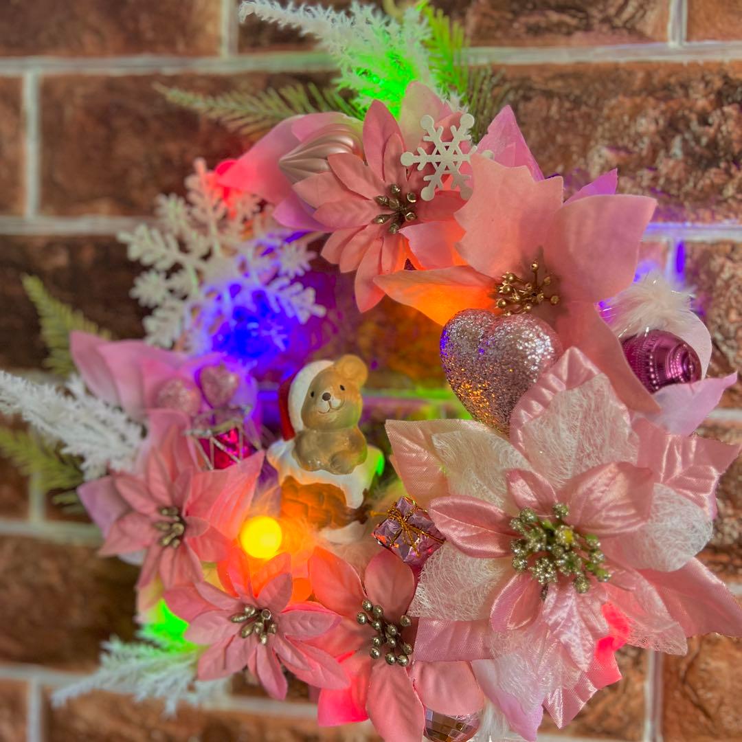 専用 2点おまとめ 光 ピンクポインセチア クリスマスリース ハンドメイド