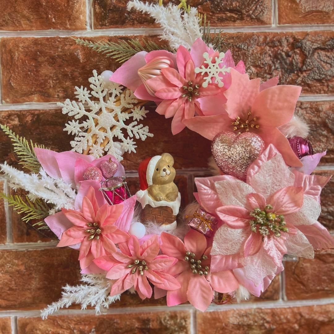 専用 2点おまとめ 光 ピンクポインセチア クリスマスリース ハンドメイド