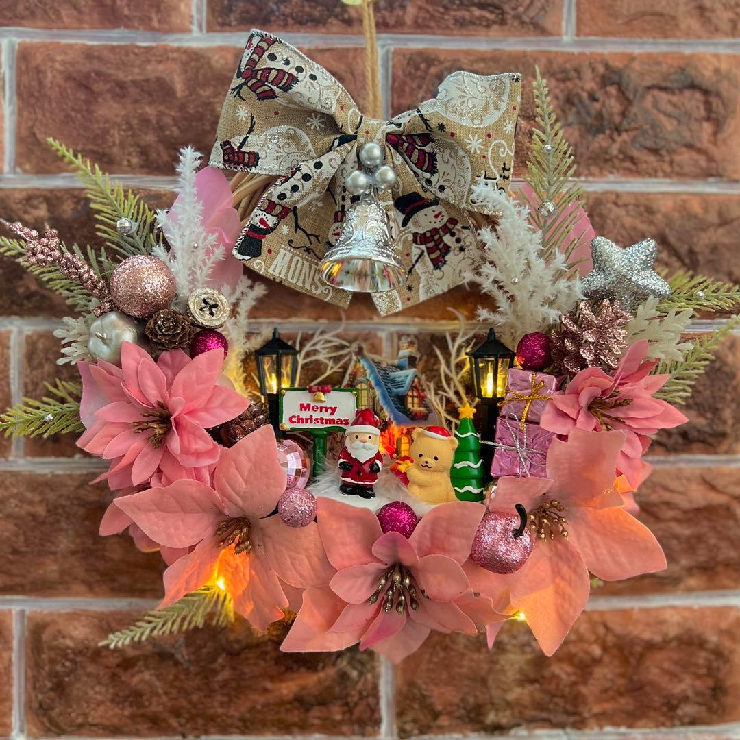 専用 2点おまとめ 光 ピンクポインセチア クリスマスリース ハンドメイド