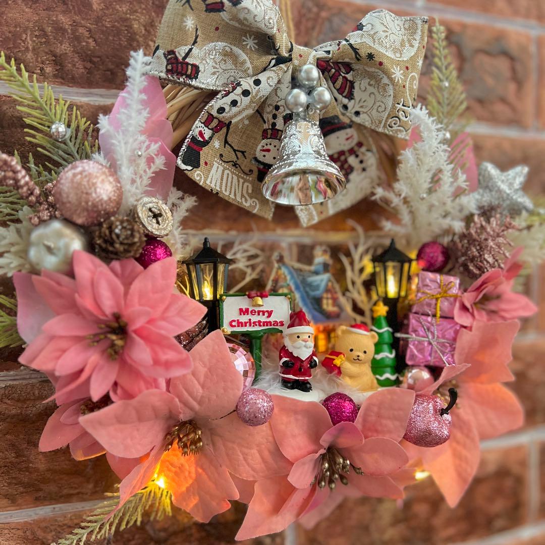 専用 2点おまとめ 光 ピンクポインセチア クリスマスリース ハンドメイド