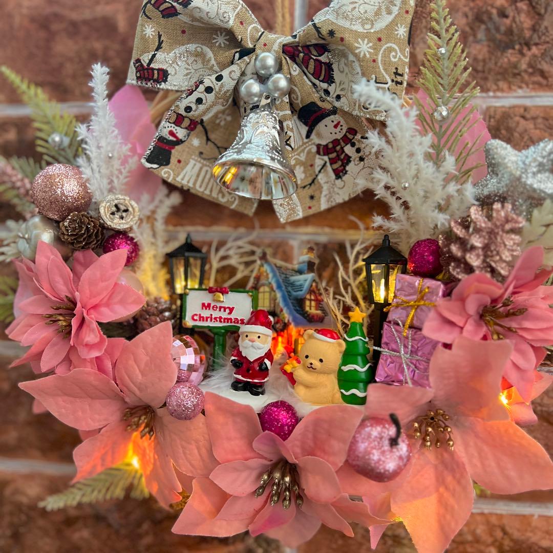 専用 2点おまとめ 光 ピンクポインセチア クリスマスリース ハンドメイド
