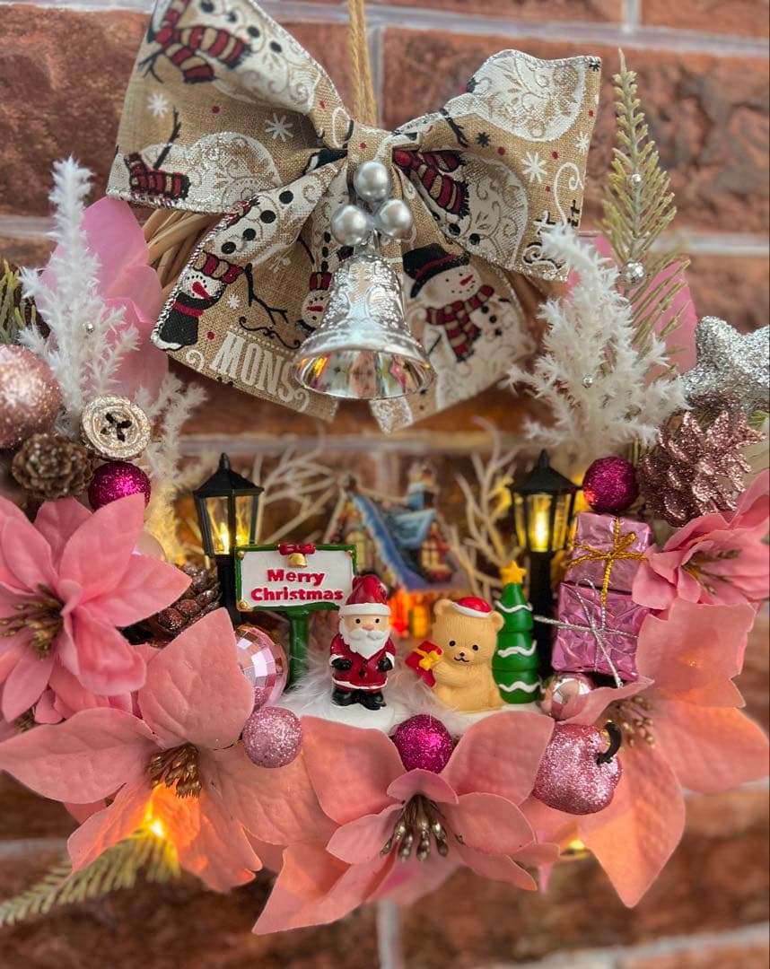 専用 2点おまとめ 光 ピンクポインセチア クリスマスリース ハンドメイド