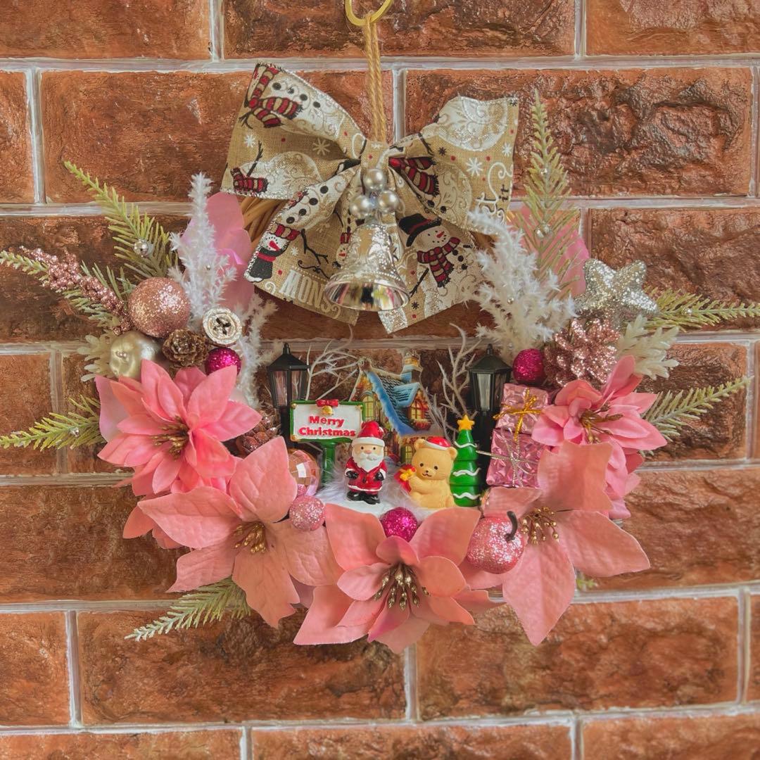 専用 2点おまとめ 光 ピンクポインセチア クリスマスリース ハンドメイド