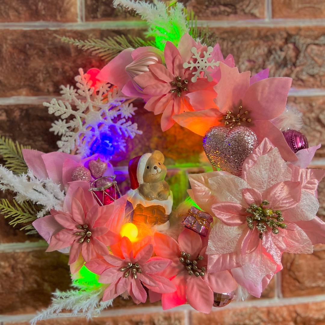 専用 2点おまとめ 光 ピンクポインセチア クリスマスリース ハンドメイド