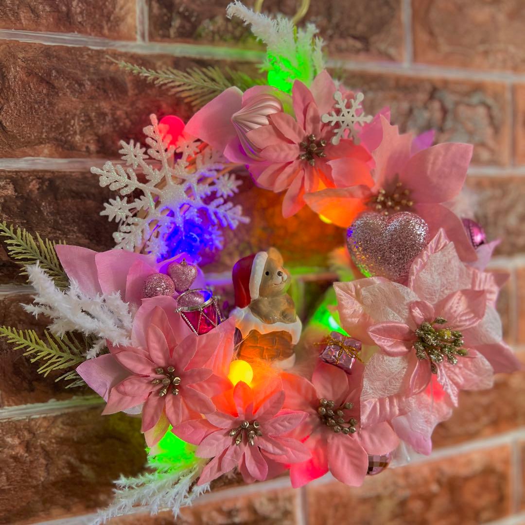 専用 2点おまとめ 光 ピンクポインセチア クリスマスリース ハンドメイド