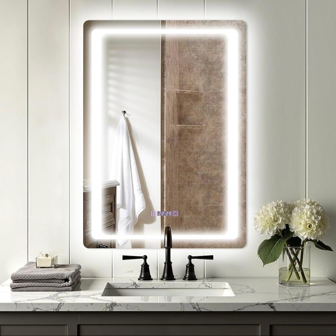 LEDミラー 鏡 浴室鏡 LEDライト付 ウォールミラー 方型 縦掛 70x50