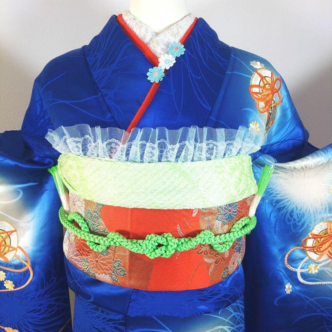 格安！　振袖フルセット　9点　成人式　結婚式　前撮り　青　ブルー　オレンジ