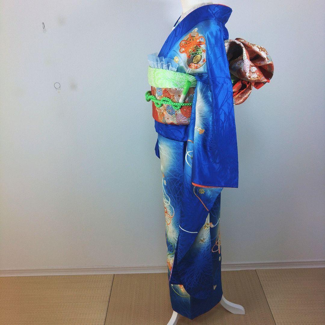 格安！　振袖フルセット　9点　成人式　結婚式　前撮り　青　ブルー　オレンジ