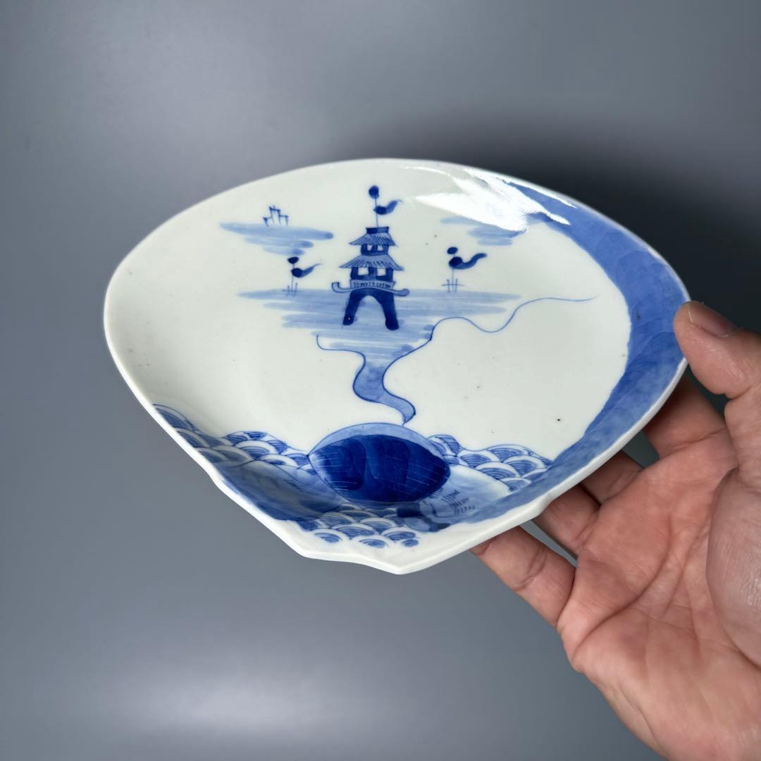 明治期〜大正期　アンティーク食器　染付風景画蛤形皿　9枚　古器を楽しむ　裏巻物文