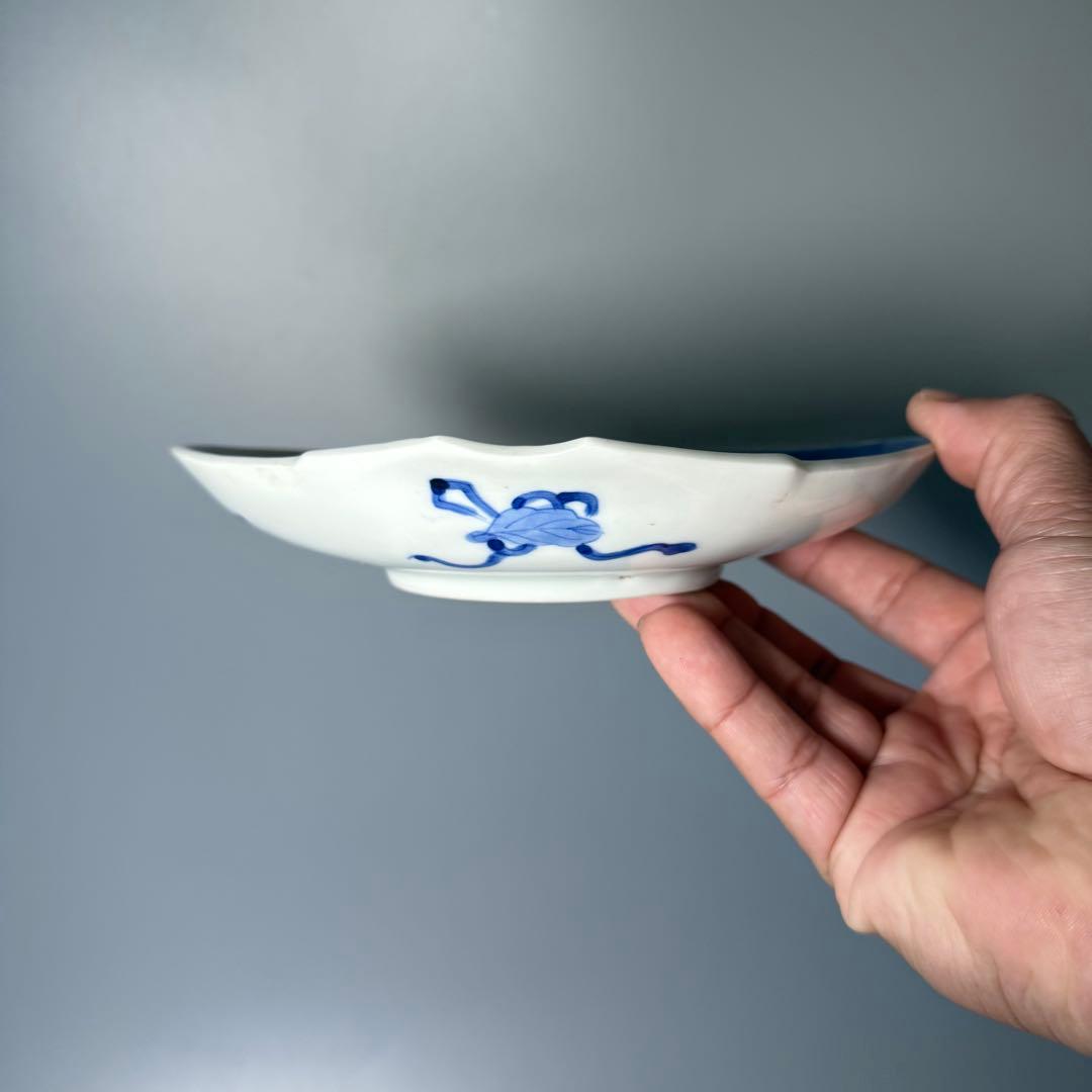 明治期〜大正期　アンティーク食器　染付風景画蛤形皿　9枚　古器を楽しむ　裏巻物文