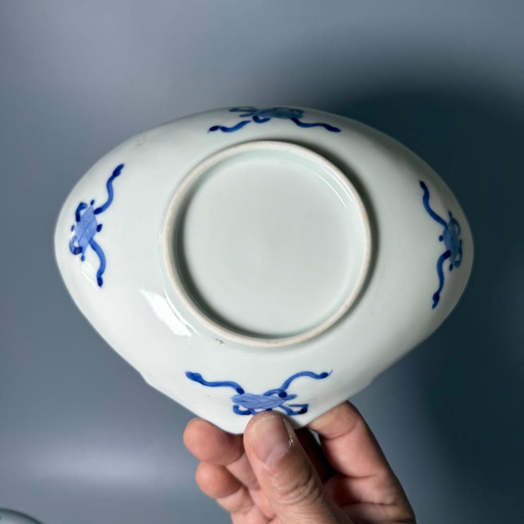 明治期〜大正期　アンティーク食器　染付風景画蛤形皿　9枚　古器を楽しむ　裏巻物文