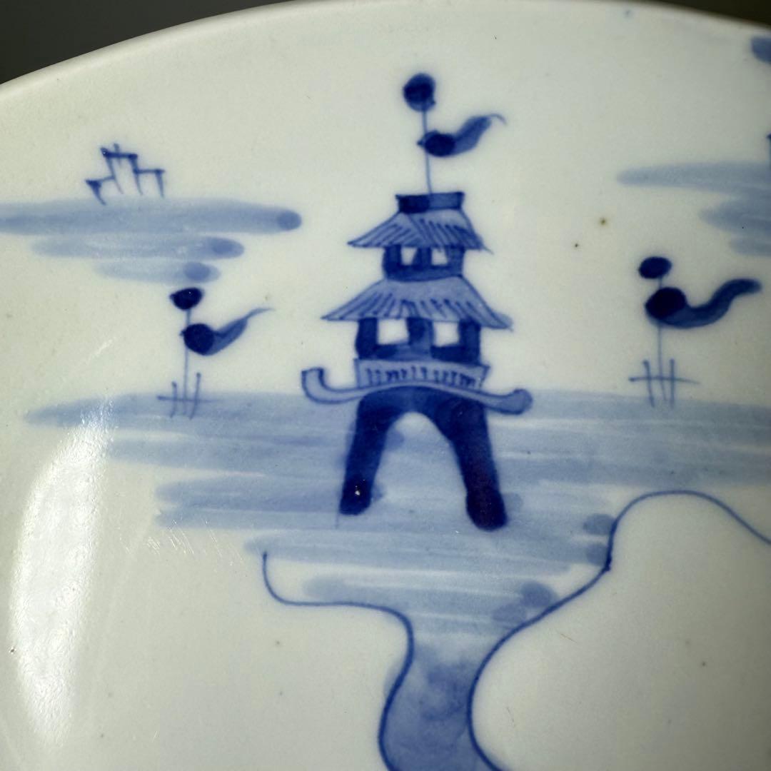 明治期〜大正期　アンティーク食器　染付風景画蛤形皿　9枚　古器を楽しむ　裏巻物文