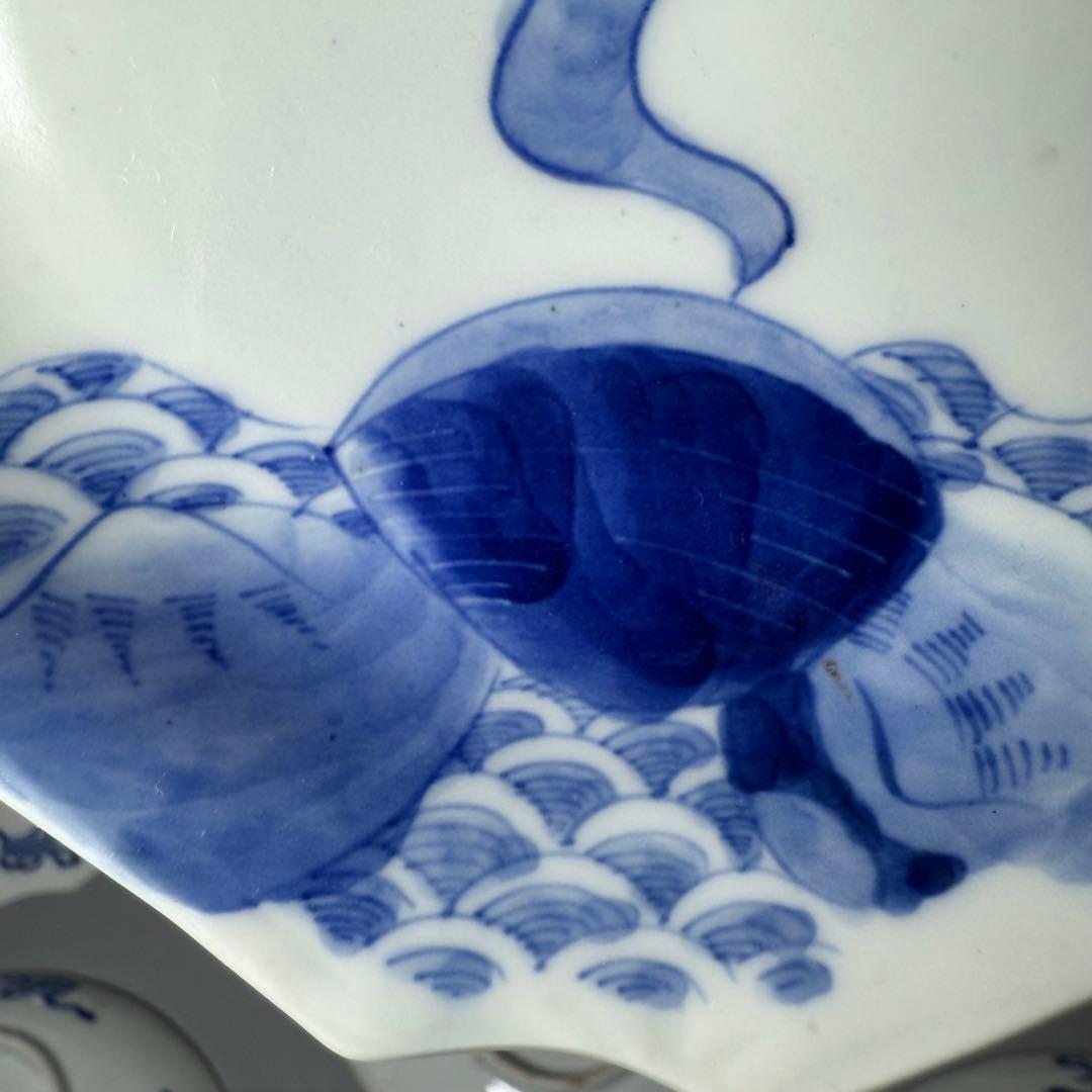 明治期〜大正期　アンティーク食器　染付風景画蛤形皿　9枚　古器を楽しむ　裏巻物文