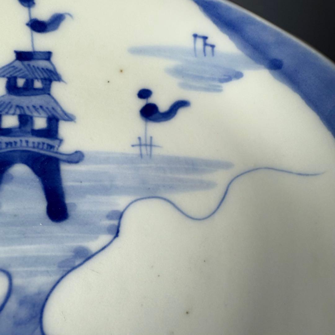 明治期〜大正期　アンティーク食器　染付風景画蛤形皿　9枚　古器を楽しむ　裏巻物文