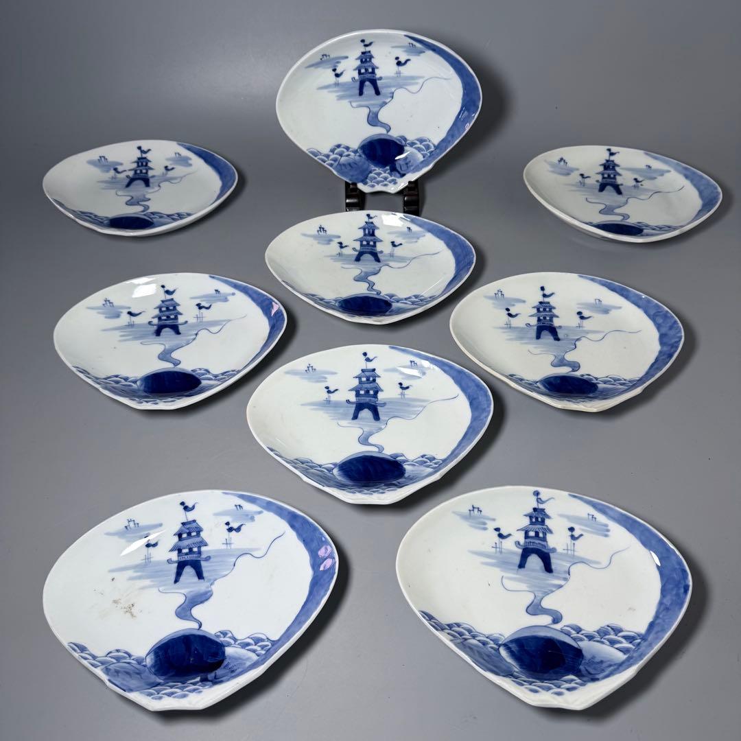 明治期〜大正期　アンティーク食器　染付風景画蛤形皿　9枚　古器を楽しむ　裏巻物文