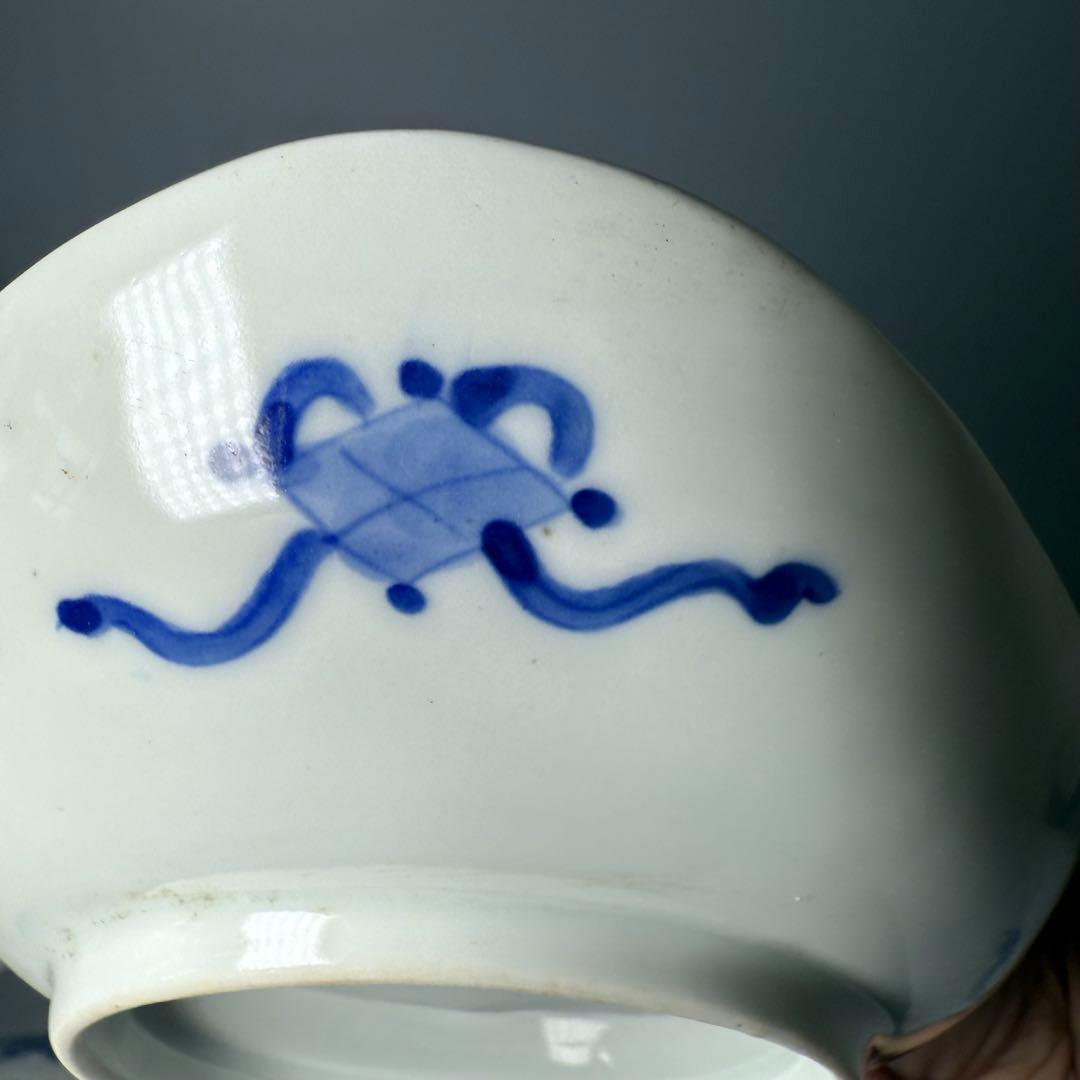 明治期〜大正期　アンティーク食器　染付風景画蛤形皿　9枚　古器を楽しむ　裏巻物文