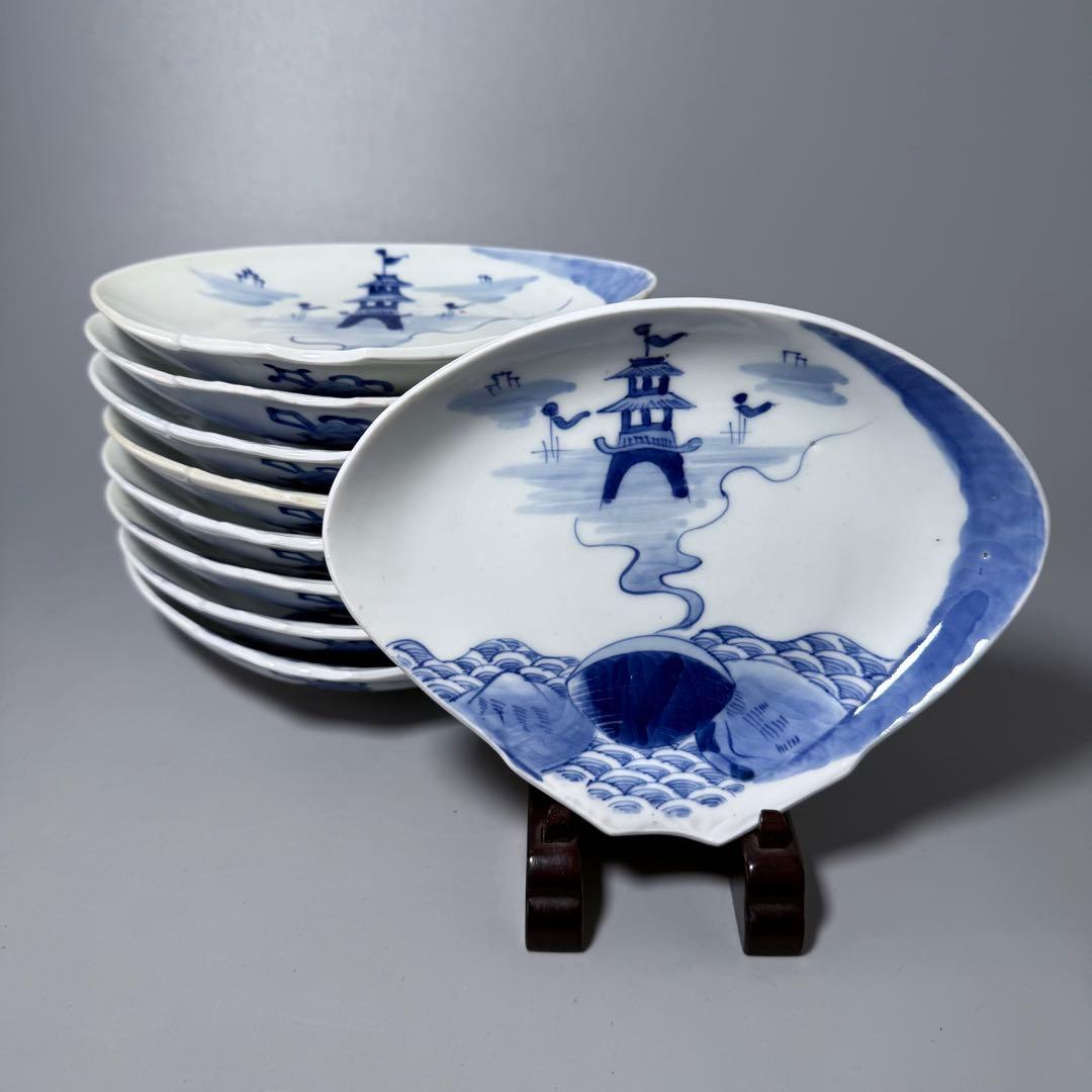 明治期〜大正期　アンティーク食器　染付風景画蛤形皿　9枚　古器を楽しむ　裏巻物文