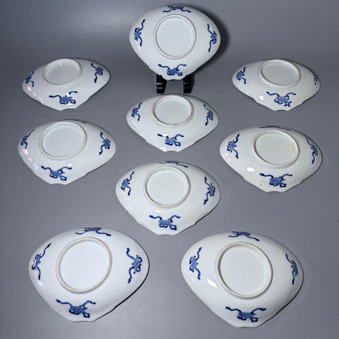 明治期〜大正期　アンティーク食器　染付風景画蛤形皿　9枚　古器を楽しむ　裏巻物文