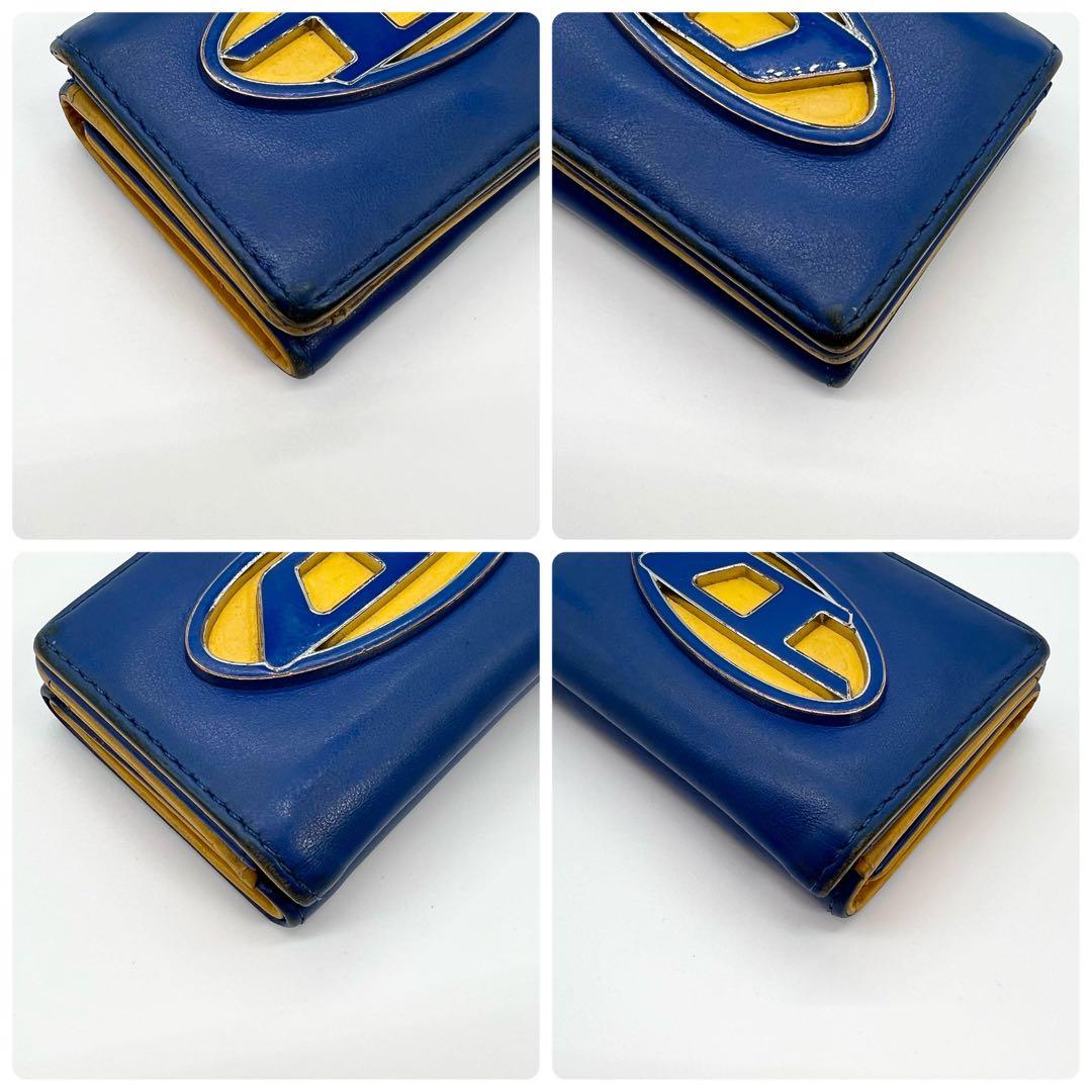 【希少✨完売品】ディーゼル　三つ折り財布　1DR　Dロゴ　レザー　ブルー　イエロ