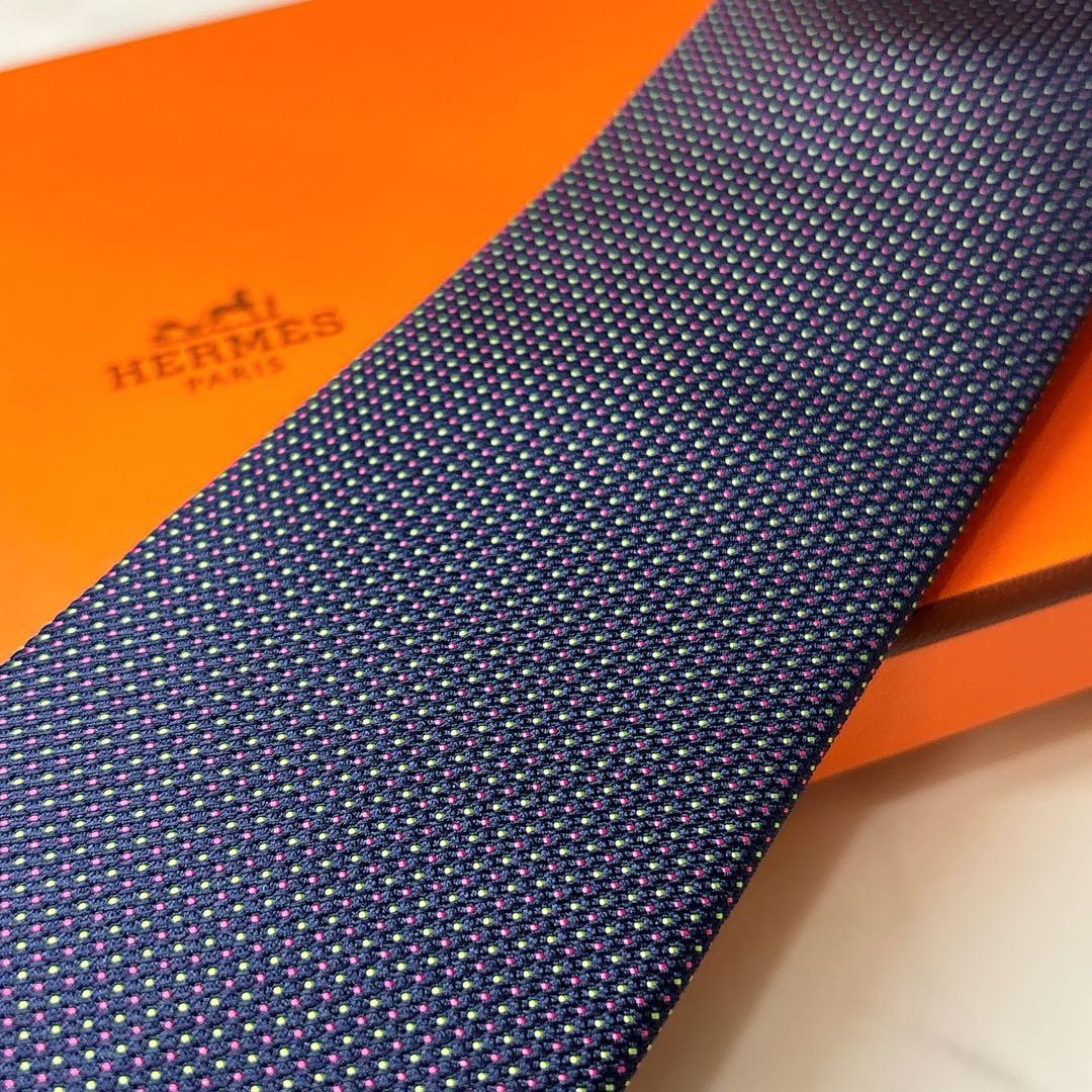 未使用 エルメス ジャガード織 ネクタイ マイクロドット ネイビー 箱付