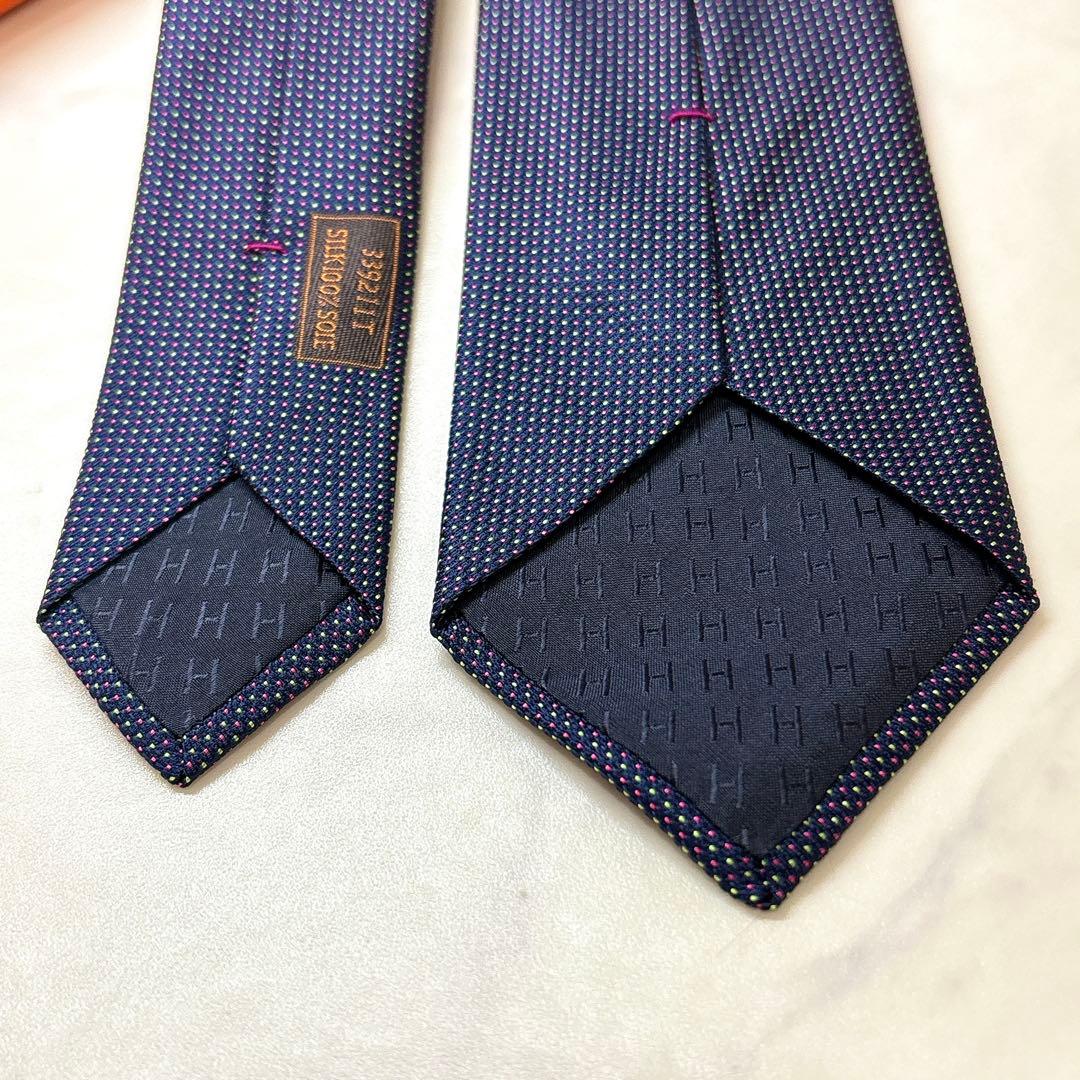未使用 エルメス ジャガード織 ネクタイ マイクロドット ネイビー 箱付