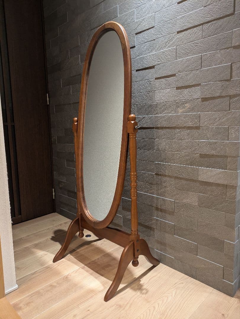 【アンティーク】ナチュラル木製スタンドミラー 姿見 全身鏡 オーバルデザイン