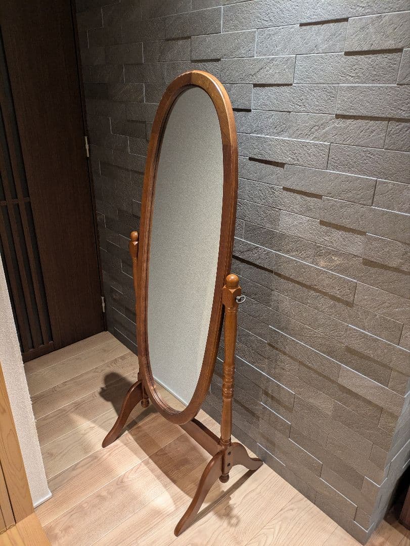 【アンティーク】ナチュラル木製スタンドミラー 姿見 全身鏡 オーバルデザイン