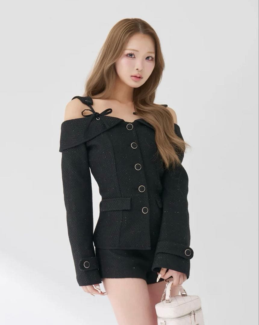 ボンディングツイードオフショルチュニック S/ BLK【新品】