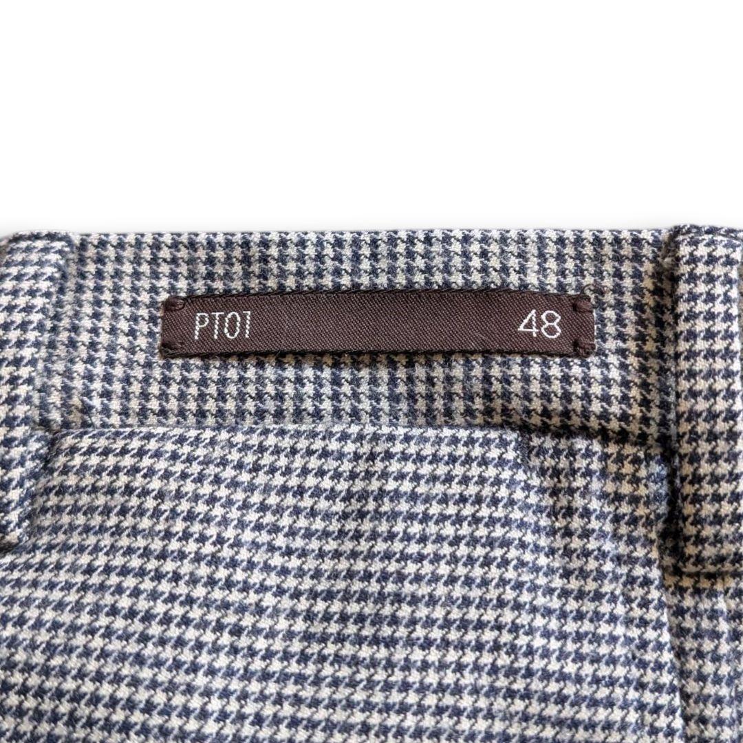 美品 PT01 千鳥格子 ストレッチ 秋冬ウール スラックス 48 ネイビー