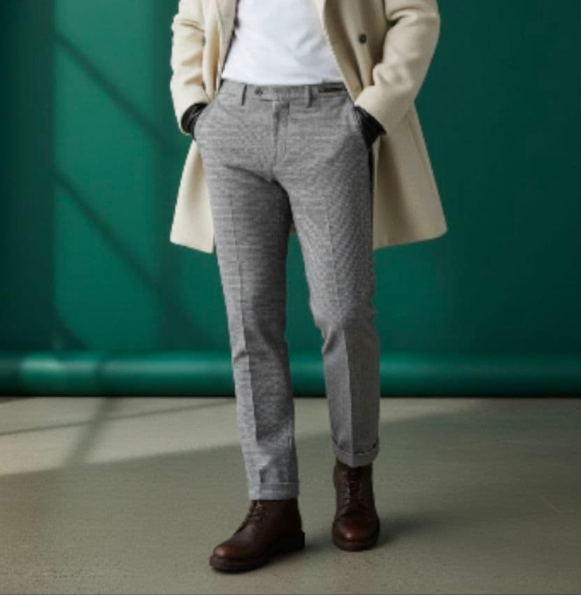 美品 PT01 千鳥格子 ストレッチ 秋冬ウール スラックス 48 ネイビー