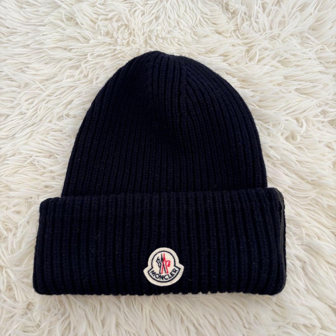 モンクレールMONCLER カシミヤウールニット帽 リブ編みキャップワッペンロゴ