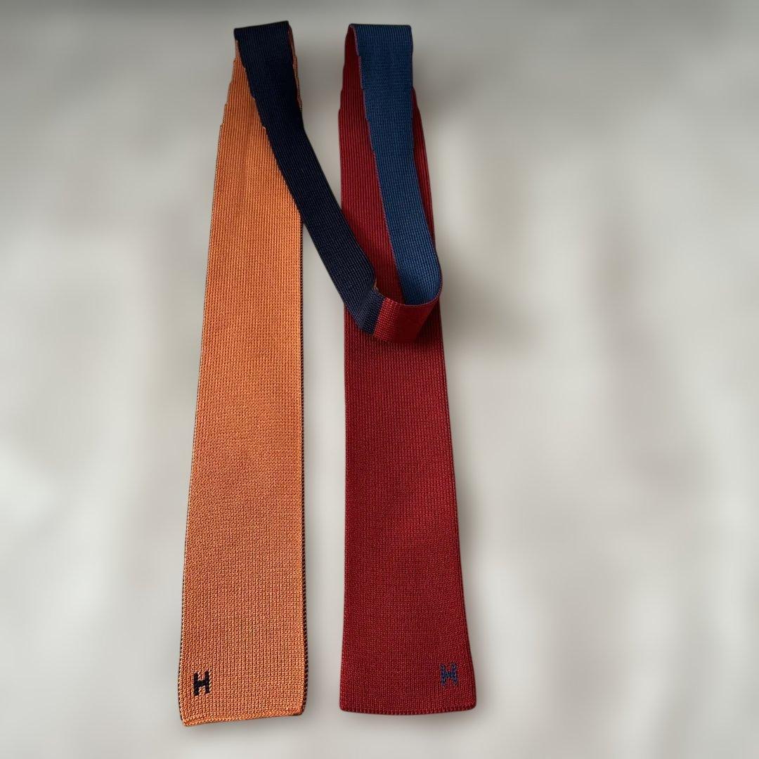 【HERMES】リバーシブル ネクタイ ネイビー レッド オレンジ ブルー