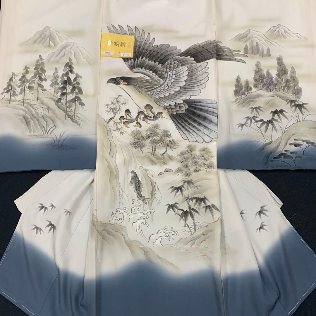 最高級新品正絹産着（祝着）京友禅裾ボカシ染手描き美術、特撰大鷹祝い鯉の滝登り文