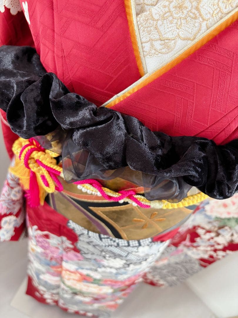 正絹振袖フルセット　牡丹　花柄　赤　成人式　七宝袋帯