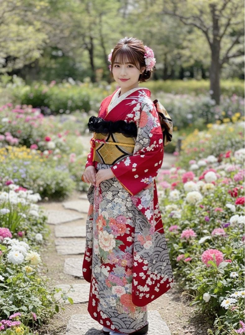 正絹振袖フルセット　牡丹　花柄　赤　成人式　七宝袋帯