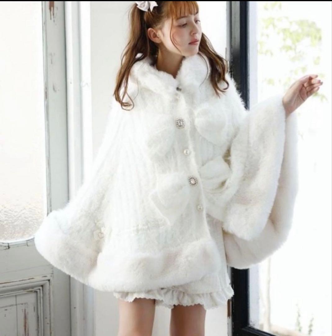 LIZLISA ダブルリボンニットファーポンチョ 白 ホワイト 量産型