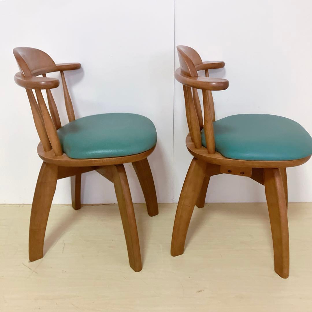 木製　回転チェア　2脚セット　ダイニングチェア　回転椅子　北欧　座面グリーン